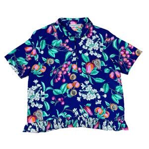 Vintage Alfred Dunner Floral Fruit Button Up Blue Blouse Womens Sz 14